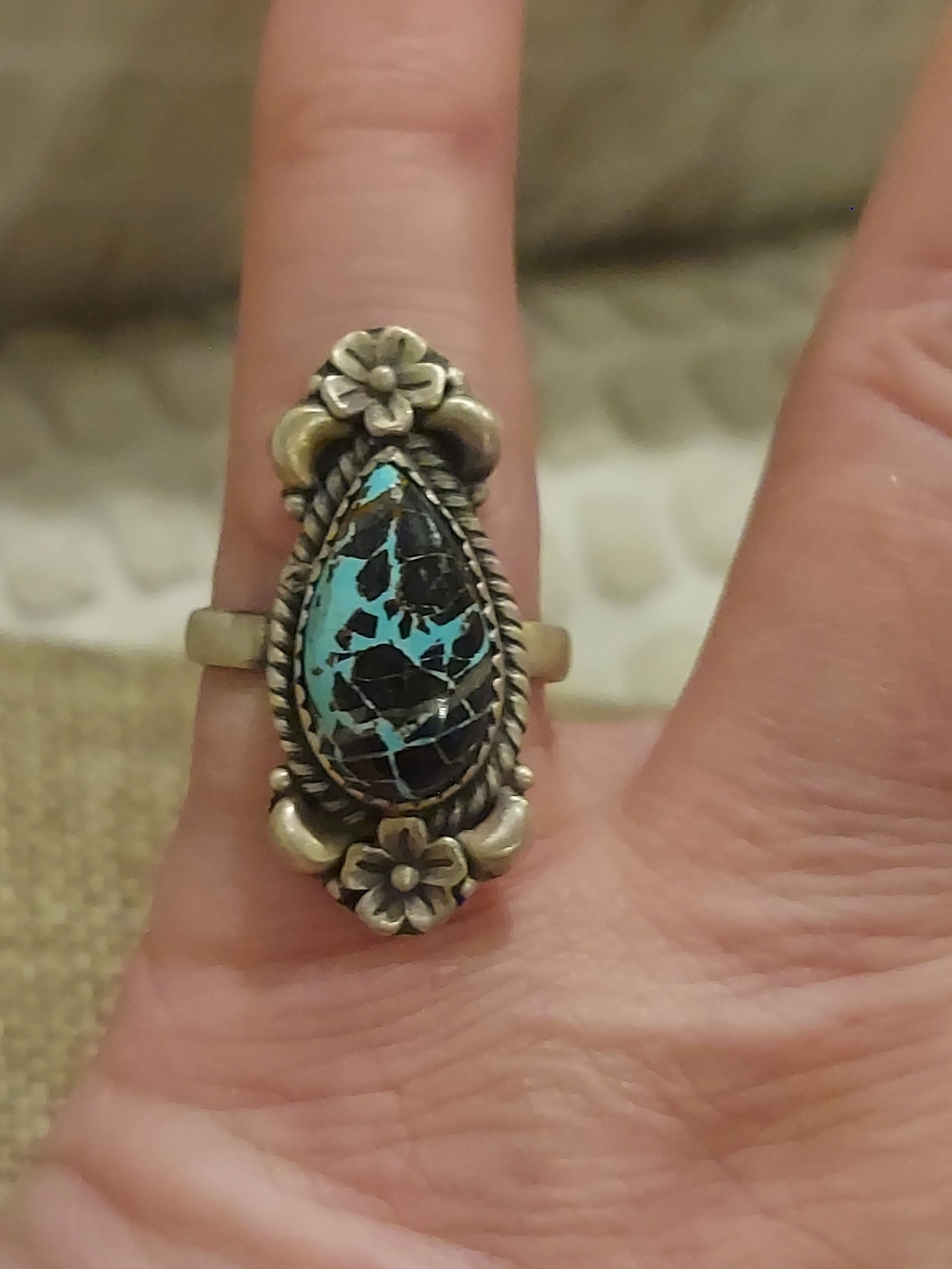 New Brushed Sterling Silver & Blackjack Turquoise Adjustable Ring - Picture 8 of 13